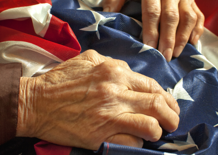 Veteran's hands on flag